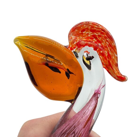 Colorful Handblown Glass Pelican Figurine With Orange Beak & Red Head with fish - Picture 2 of 7